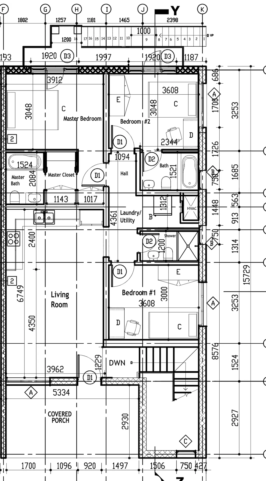 Floor plan: three bedrooms each with an ensuite bathroom, open living room and kitchen, laundry and covered porch
